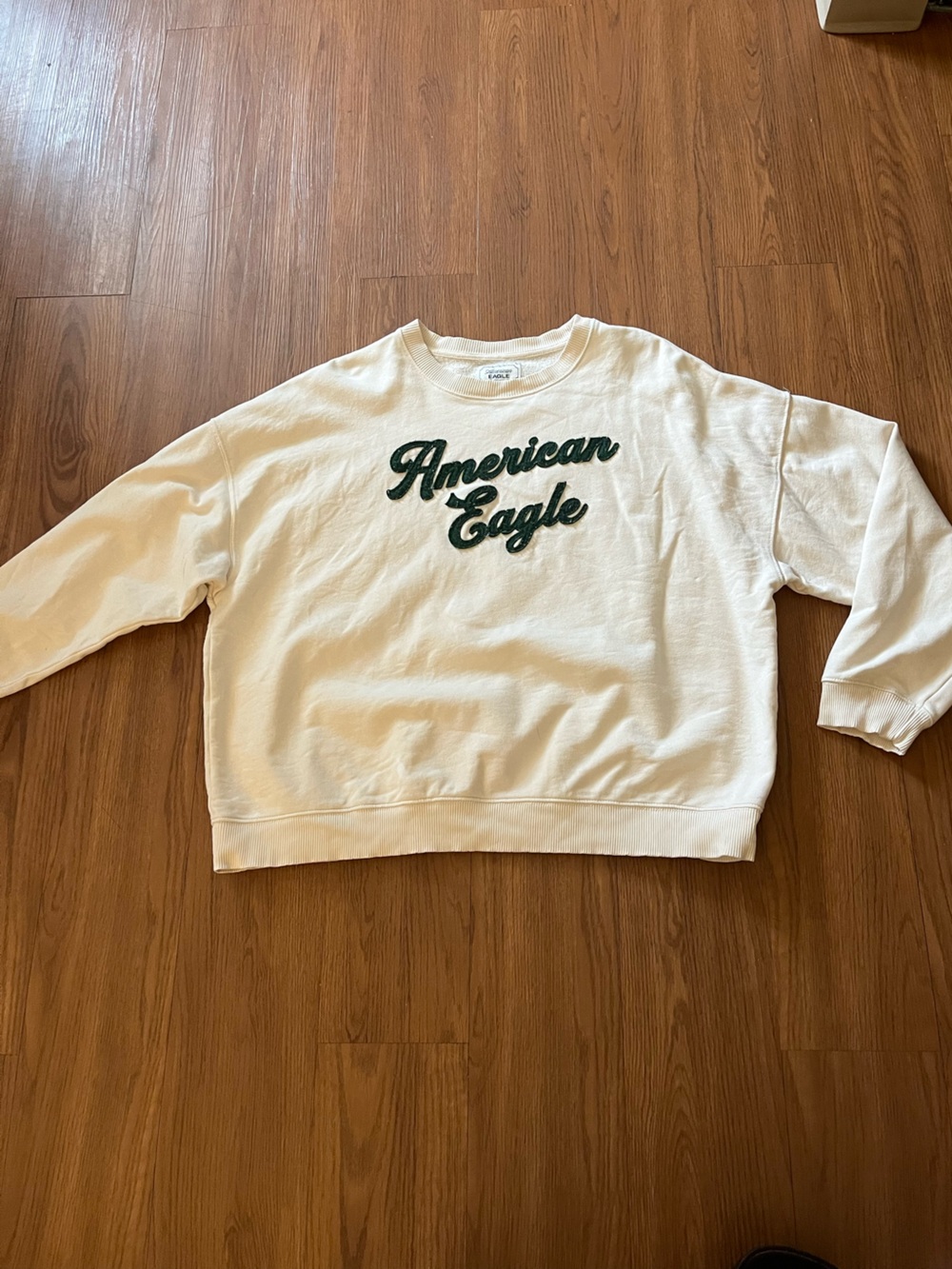 American Eagle Outfitters Cream Crewneck with Dark Green Script